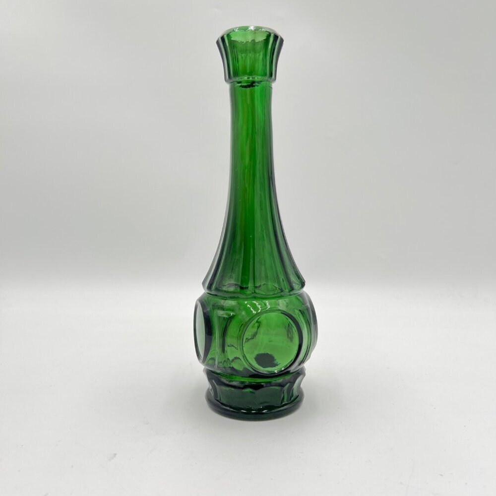 Wheaton Glass Bullseye Bud Vase 9" Green Panels & Dots Vintage